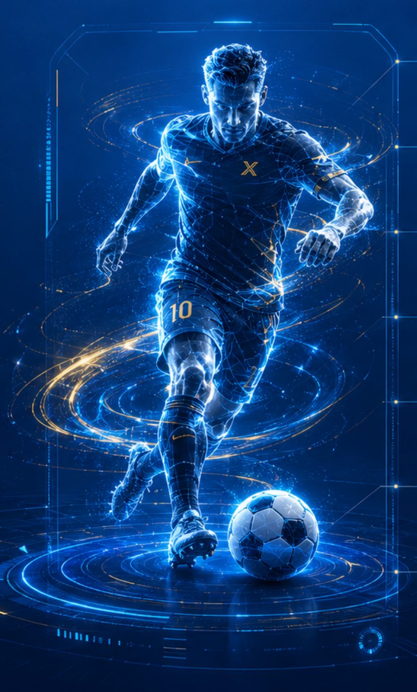 Holographic wireframe of the LEGENDX digital athlete
